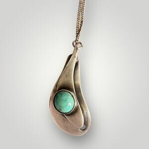 Vintage Sterling Silver Turquoise Pendant Necklace 24 Inch Chain